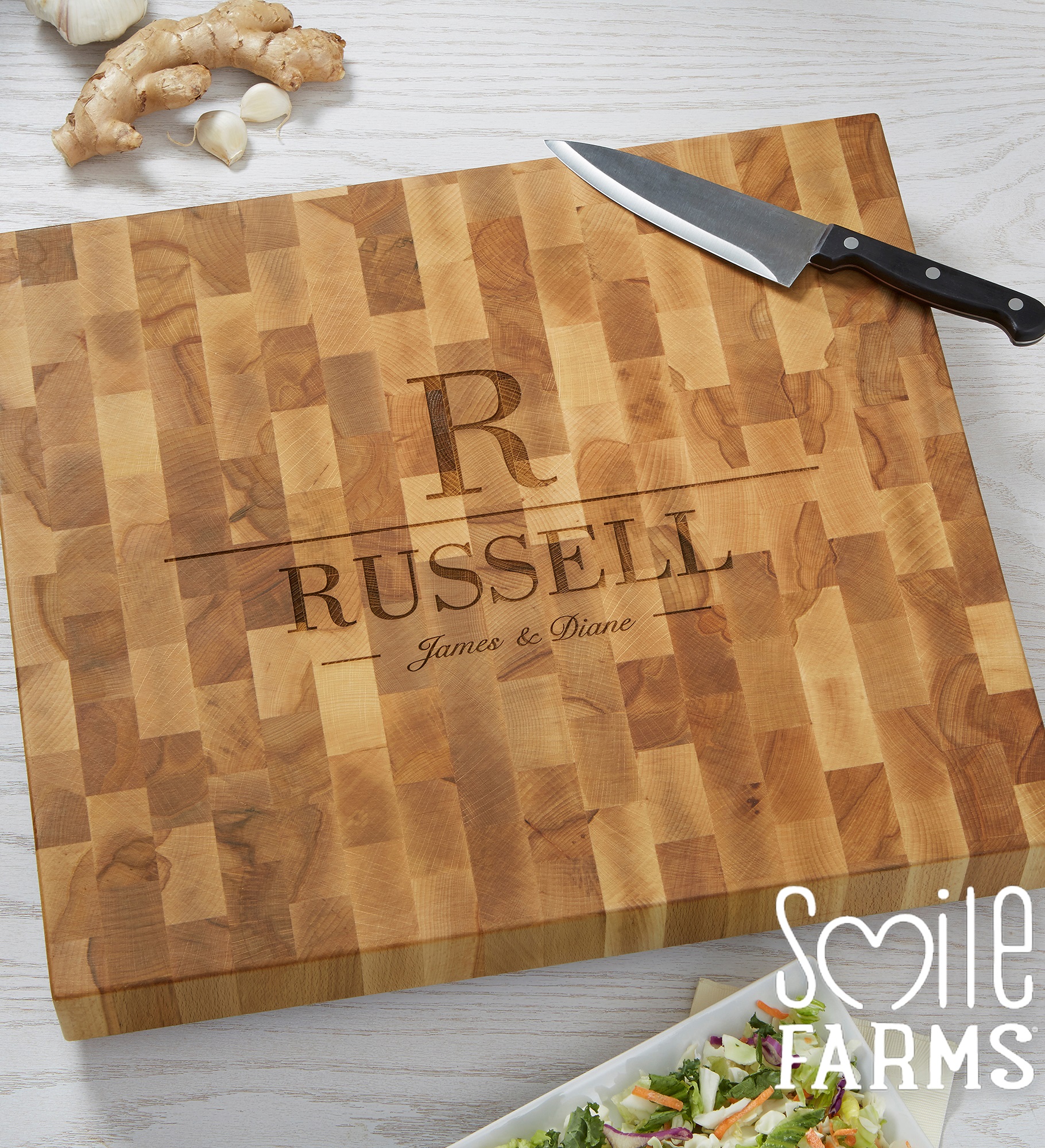 Smile Farms - Decorative Name & Initial Personalized Butcher Block Cutting Board